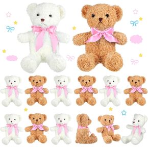 Kathfly 12 Pcs Valentine‘s Day Mini Stuffed Bears Bulk 10 Inch Small Plush Bears Bulk Cute Animal with Ribbon Bow Toy Gift for Birthday Wedding Party Valentine‘s Day Brown White(Blue)