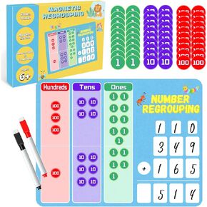 Magnetic Regrouping Base, Math Dry Erase Board, Addition & Subtraction & Place Value Math Manipulatives for 1st 2nd 3rd Grade Student, Math Games for Kids Homeschool Supplies, Classroom Must Haves