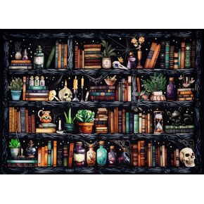 Apcufir Bookshelf Paint by Numbers for Adults,Goth Skull Paint by Numbers for Adults Beginner,Magical Book Vintage Botanical Paint by Numbers on Canvas for Home Wall Decor 16X20 Inch