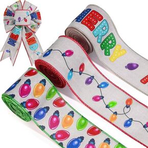 3 Rolls 15 Yards Christmas Lights Bulb Wired Edge Ribbon 2.5 Inch Colorful Christmas Light Printed Fabric Ribbon for Gift Wrapping Bow Wreath Making Home Decor DIY Craft Supplies