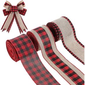 3 Rolls Christmas Plaid Ribbon: Christmas Checked Ribbons Christmas Bows, DIY Wrapping Present Wedding Floral Garland Crafts, 3 Inch 5 Yards Red Gold Black Wired Edge Ribbon for Christmas Tree