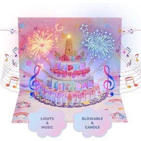 SEETCOMA Birthday Cards 3D Fireworks Pop Up Unicorn Cake,Musical & Light,Unicorn Greeting Cards, Birthday Gifts for Girls Women Wife Grandma