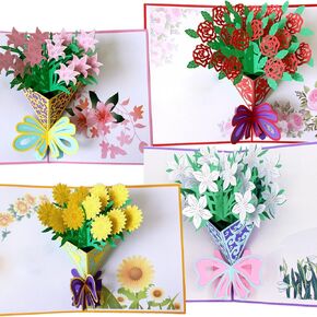 Flower Bouquet Pop Up Greeting Cards, Laser Cut Tulip, Sunflower, Orchid, Carnation 3D Cards with Envelope for Wedding Anniversary Thanksgiving Birthday Valentine's Day Gift (4 Pack Assorted Flower)