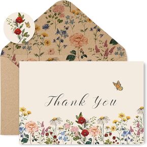 24 Pack Wildflower Thank You Cards Bulk Vintage Flower Greeting Cards with Kraft Envelope Sticker Retro Floral Blank Note Cards for Birthday Wedding Baby Shower Bridal Shower, 4 x 6 Inch