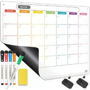 MAG-FANCY Dry Erase Calendar Kit- Magnetic Calendar for Refrigerator - Monthly Fridge Calendar Whiteboard with Extra-Thick Magnet Included 5 Marker & Eraser & Adhesive Hooks for Wall Hanging