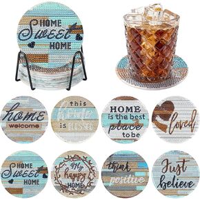 MXJSUA 8 Pcs Diamond Art Painting Coasters for Drinks with Holder, Love Sweet Home Diamond Art Coasters Set Housewarming Gift for Friends Men Women Birthday Home Living Room Kitchen Bar Decorations