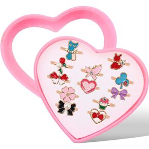 12Pcs Little Girl Jewel Rings in Box, Adjustable Flower Strawberry Rings Girls Kids Pretend Play, Cute Metal Rings with Heart Shape Display Case Party Favors Toys Gifts for Halloween, Christmas