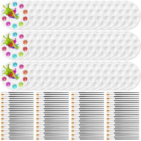 Paint Brushes Palettes Set 100 Pcs Nylon Painting Brush 50 Pcs Round Paint Tray Palettes Plastic Pallets Nylon Hair Paintbrush for Acrylic Oil Watercolor Students Art Paint Party Supplies