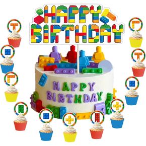 37PCS Building Blocks Cake Decorations Building Block Cake Toppers and Cupcake Toppers for Boys Girls Building Blocks Birthday Party Supplies 1 Happy Birthday 1 Cake Toppper and 36 Cupcake Toppers