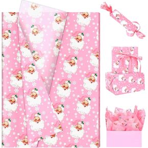 100 Sheets Pink Xmas Santa Tissue Paper, 20 x 14in Pink Santa Snowflake Print Wrapping Tissue Cute Santa Art Decorative Tissue for Christmas Girls Baby Shower Birthday Party Supplies