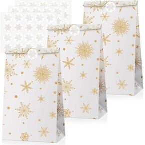 Cholemy 60 Set Winter Christmas Snowflake Gift Bags with Snowflake Sealing Stickers Winter Goodies Bags Treat Bag Snowflake Paper Bags Cookie Snack Bags for Xmas Winter Holiday Party Favors