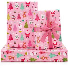 NEPOG Pink Christmas Wrapping Paper, Vintage Baby Pink Santa Bear Sweets Snowman Xmas Wrapping Paper With Pink Ribbon, 7 Sheets Folded Flat 20x30 inches per sheet For Kids Girls Boys Christmas Party