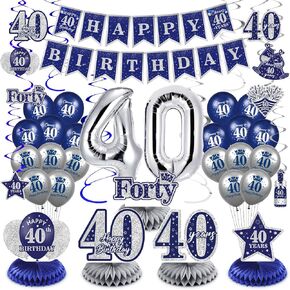 Blue 60th Birthday Decorations for Men Women, 47Pcs Navy Blue Silver Happy 60th Birthday Banner Balloons Honeycomb Centerpiece Hanging Swirls Kit for Cheer to 60 Years Birthday Party Supplies Decor