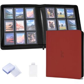 Top Loader Binder, Holds 288 Top Loaders, Include 18 Top Loaders and 100 Tabbed Card Sleeves, 9 Pocket Toploader Binders for 3" x 4" Toploader, Zipper and Ringless Trading Card Binder(Dark Red）