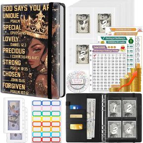 Money Saving Binder, 100 Envelopes Money Saving Challenge, Cash Envelopes Budget Binder & 3 Budgeting Planner Trackers, PU Leathers A5 Money Saving Planner Book，African American Women Girl