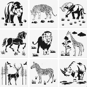 9 Pieces Animal Stencil Templates Reusable Animal Painting Stencil Bear Tiger Elephant Horse Lion Giraffe Zebra Rhino Deer Craft Drawing Template for Greeting Card Scrapbook Wall Art (8 Inch)