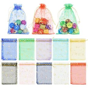 Renashed 100pcs Moon Stars Sheer Organza Bags with Drawstring - 10 Colors, Wedding & Party Favor Bags for Valentine's Day, Festivals (5 * 7inch/ 13 * 18cm)