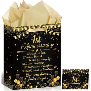 1st Anniversary Paper Gift Bag Black Gold One Year Wrapping Paper Bag with Tissue Paper Card Happy First Wedding Anniversary Party Gift Bag for Couple Wife Husband 1st Wedding Anniversary Decorations
