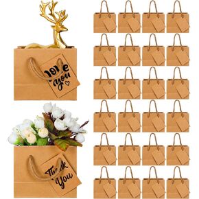 Whaline 25 Pack Mini Kraft Gift Bags with Handles 3.94 x 4.72 x 2.36 Inches Brown Small Paper Bags with Tags Mini Party Favors for Fall Thanksgiving Christmas Bridal Baby Shower Wedding Birthday Party