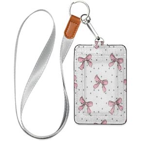 Bow Pink ID Badge Holder with Removable Lanyard, Vertical PU Leather Cards Holder with 1 Clear ID Window and 2 Cards Slot for Office and School