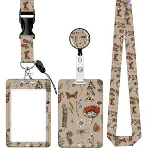 Badge Reels Retractable with Carabiner Reel Clip, ID Name Tag Work Badge Holder Belt Ferrule, Identity ID Badge Holder Cover Case for Office Nurse Student Gifts(Boho Forest Mushroom)