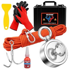 WUDMIE Powerful Magnet Fishing Kit, 2625 Lbs Strong Pulling Force Includes Neodymium N52 Magnet, 65ft Rope, Carabiner, Gloves, Grappling Hook & Carry Case, Perfect for Magnetic Fishing