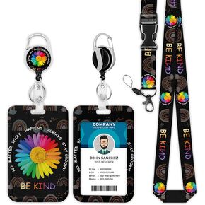 Be Kind Lanyard with id holder, Rainbow Flower ID Badge Holder with Lanyard, Badge Reel Heavy Duty with Carabiner Clip, Nurse Teacher Office