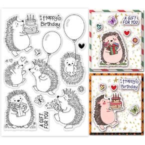 GLOBLELAND 8.3x5.5in Hedgehogs Clear Stamps Silicone Stamps Happy Birthday Rubber Stamps Silicone Transparent Seal Stamps for Card Making Scrapbooking Photo Album Decor