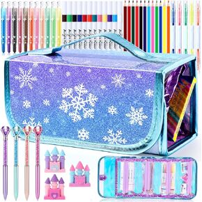 Pasimy 50 Pcs Blue Party Washable Coloring Markers Set Snowflake Coloring Art Supplies Set with Portable Pen Case Castle Eraser Pens Diamond Pens Crayons for Girls Ages 4 to 10 Years Old