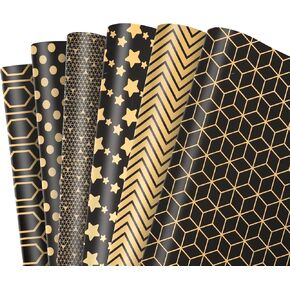 PUIKSXER Holographic Foil Wrapping Paper - 6 Sheets, Black & Gold Foil, Metallic Gloss for Birthdays, Graduations - Pre-Folded, 19.7" x 27.6" Per Sheet