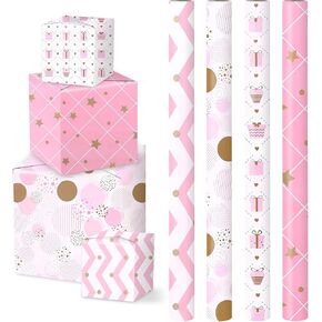 VJAIHOA Birthday Wrapping Paper 4 Rolls- Mini Roll Wrapping Paper -17in x 120in Per roll - Color Balloons,Colored Happy Birthday Font(42.3 sqft) Gift Wrapping Paper for Party,Girl,Baby Shower,Holiday,Birthday, All Occassions (White wrapping paper)