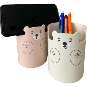 Eoponest Cute Bear Shape Pen Pencil Holder Toothbrush Makeup Brush Organizer with Phone Holder with 2 Pieces Desk Organizer Pink White