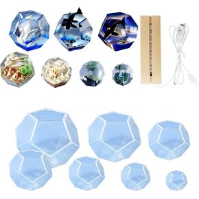 Cayway 7 PCS Sphere Silicone Resin Molds, 7 Size Silicone Hexagon Sphere Molds Gem Stone Jewelry Molds with Wooden Light Base Stand for DIY Craft , Home Decoration