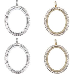 WANDIC Rhinestone Photo Charm, Oval Silver White Crystal Photo Pendant Bridal Wedding Bouquet Charms Living Floating Memory Lockets for 2 Pictures