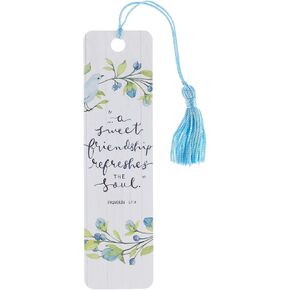 Christian Art Gifts Scripture Bookmark | Sweet Friendship – Proverbs 27:9 Bible Verse | Inspirational Blue Floral Bird Bookmark for Women w/Tassel