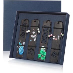 4 Pieces Wooden Bookmark for Book Lovers, Handmade Hallow Out Natural Wooden Carving Bookmark Box Set, Peacock and Lotus Pattern Painted Bookmark for Women Men Teacher Birthday Gift in Kuwait