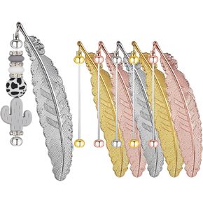 5 Pcs Feather Beaded Bookmark Tassels, Beadable Bookmark Bulk, Unique Beadable Bookmarks DIY Beadable Keychains Bookmark for Men Women Reader Teacher Supplies (Gold)