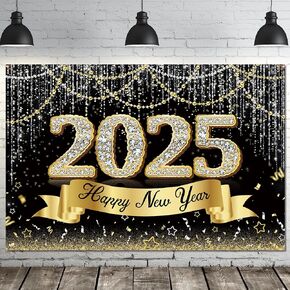 Happy New Year Decorations 2025 Banner, Black and Gold New Years Backdrop 2025 Happy New Year 2025 Banner Happy New Year Banner 2025 Nye Banner for New Years Eve Party Supplies 2025
