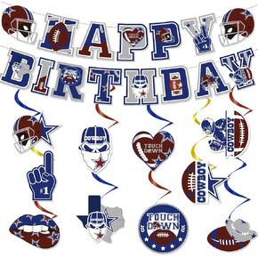Cowboy Birthday Party Decorations - 12 Pcs Blue Cowboy Football Banners Helmets Trophy Dallas Rugby Party Hanging Swirls Favors for Ceiling Boys Game Day Football Theme Party Decor Supplies