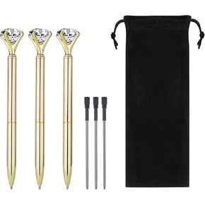 Diamond Pens Metal Ballpoint Pen with Big Diamonds on Top,Fun Fancy Crystal Diamond Pen Bling Diamond Ballpoint Pens Rose Gold Pens for Women Girls Wedding School Ofiice （3pack Gold