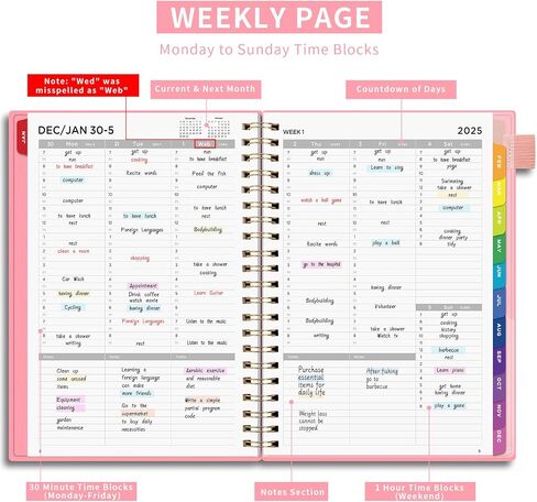 EMSHOI 2025 Appointment Book 8.5 x 11, 30-Minute, A4 Weekly and Monthly Planner, Daily Hourly Planner, Spiral, PVC Cover, Note Pages, Monthly Tabs, Black (Note: Wed was misspelled as Web) in Saudi Arabia
