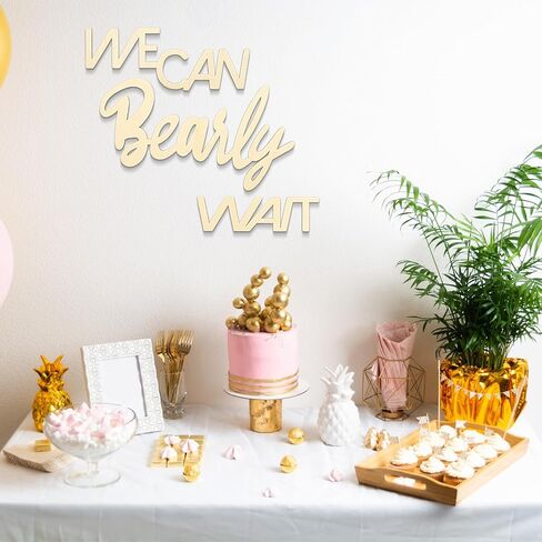 علامة We Can Bearly Wait Sign، لافتة استحمام الطفل خلفية ديكورات غير مكتملة، لافتة خشبية مقطوعة من الخشب للكشف عن الجنس، ديكور خلفية للحفلات للفتيات/الصبي in Kuwait