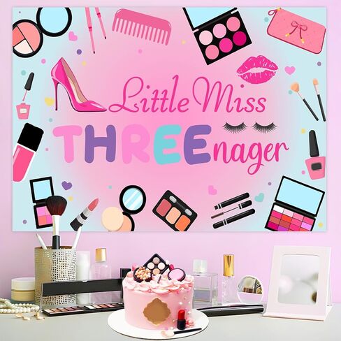 Little Miss Threenager Birthday Decorations Girls, 7 x 5 Ft 3rd Birthday Decorations Backdrop Banner for 3 Year Old Girl Makeup Party Decorations in Kuwait