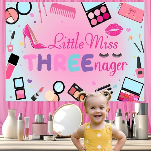 Little Miss Threenager Birthday Decorations Girls, 7 x 5 Ft 3rd Birthday Decorations Backdrop Banner for 3 Year Old Girl Makeup Party Decorations in Kuwait