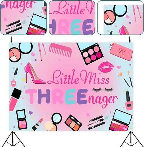 Little Miss Threenager Birthday Decorations Girls, 7 x 5 Ft 3rd Birthday Decorations Backdrop Banner for 3 Year Old Girl Makeup Party Decorations in Kuwait