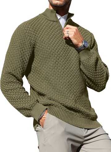 Zaitun Men's Quarter-Zip Sweater Polo Zip Up Pullover Cable Knit Turtleneck in Saudi Arabia