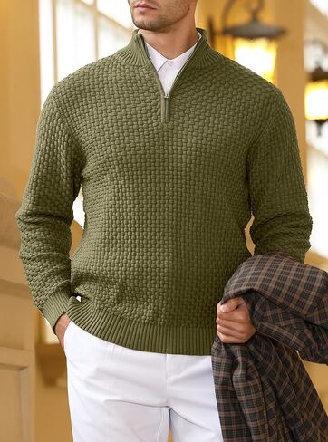 Zaitun Men's Quarter-Zip Sweater Polo Zip Up Pullover Cable Knit Turtleneck in Saudi Arabia