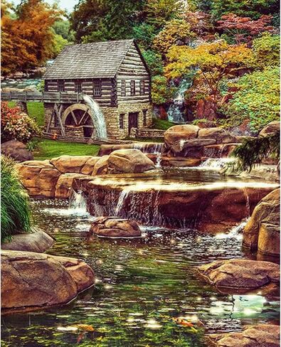 مجموعات الرسم الرقمي للبالغين والأطفال لوحة الشلال وكوخ الغابة بالأرقام، مجموعة من مجموعة الطلاء الزيتي بألوان متنوعة وإكسسوارات الفرشاة مقاس 16 × 20 بوصة، قماش جيد لديكور المنزل in Kuwait