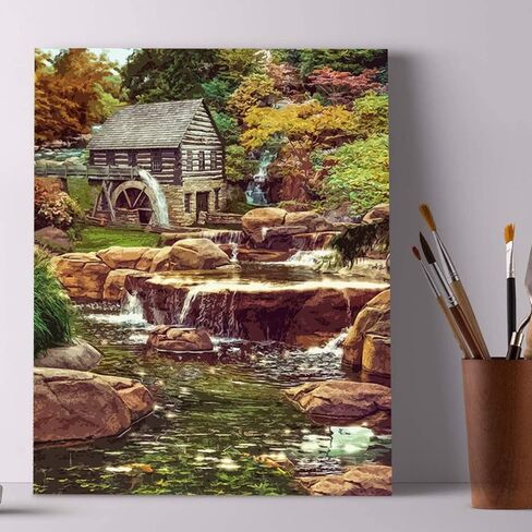 مجموعات الرسم الرقمي للبالغين والأطفال لوحة الشلال وكوخ الغابة بالأرقام، مجموعة من مجموعة الطلاء الزيتي بألوان متنوعة وإكسسوارات الفرشاة مقاس 16 × 20 بوصة، قماش جيد لديكور المنزل in Kuwait