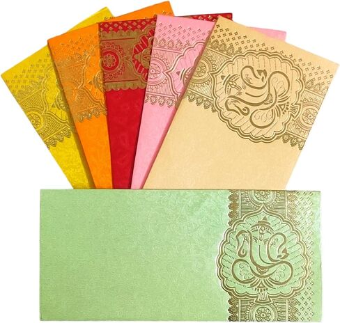 Jhintemetic® - Pack of 25 Matellic 5 Colours of 5 Each Randomly Picked Colourful Designer Shagun Lifafa/Money Gift Envelope with Golden Matellic Royal Tabla for Gifting Money on any occasion in Saudi Arabia